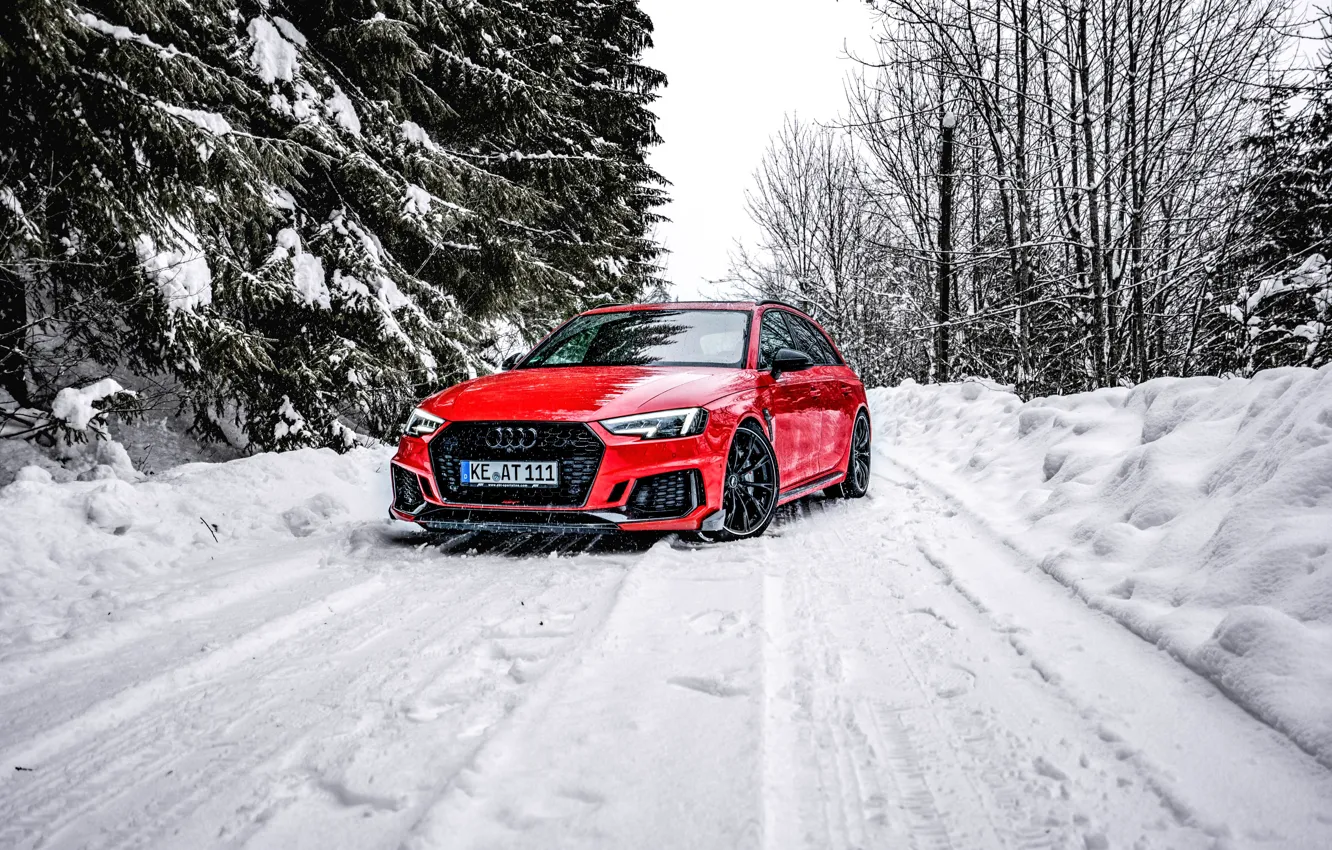 Photo wallpaper Audi, Red, Road, Audi, Snow, Forest, Red, Power