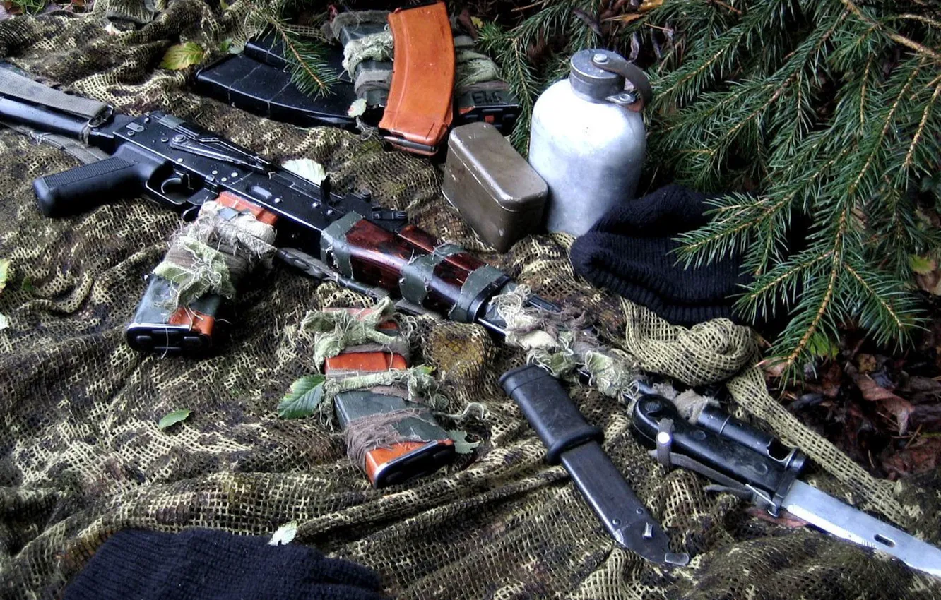 Photo wallpaper machine, disguise, camouflage, still life, shop, Kalash, bayonet, jar