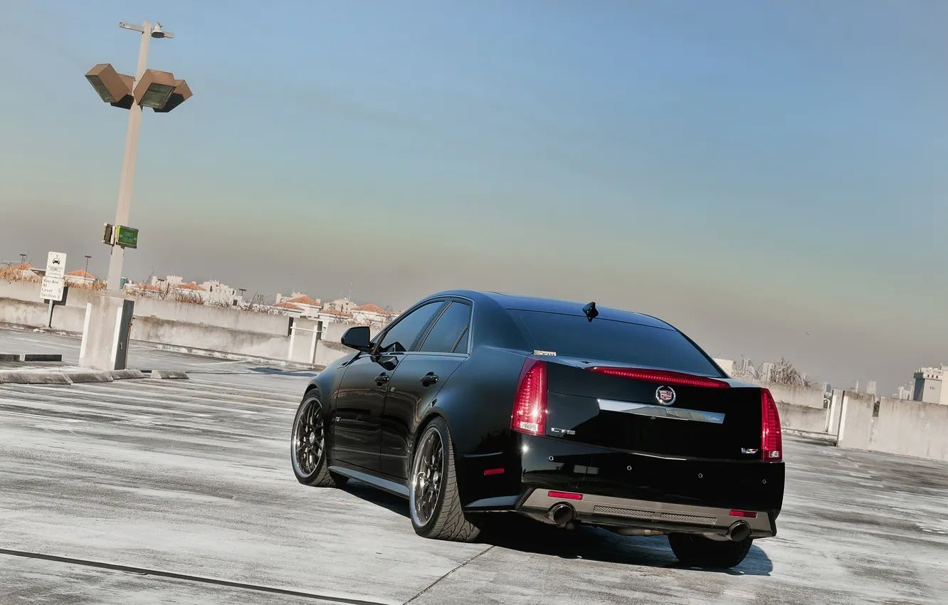 Photo wallpaper city, Cadillac, black, CTS-V, cars, auto, wallpapers, parking