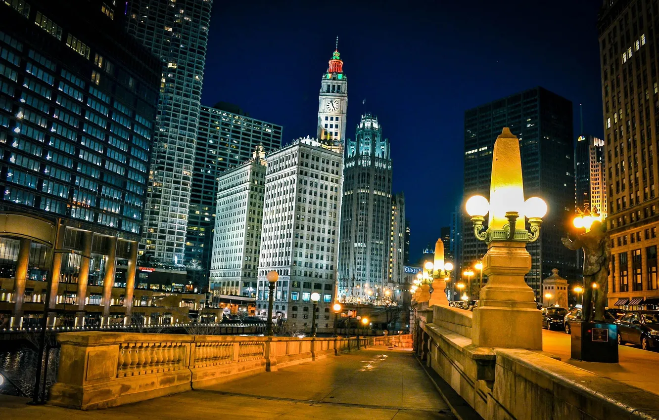 Photo wallpaper night, the city, lights, skyscrapers, Chicago, Illinois