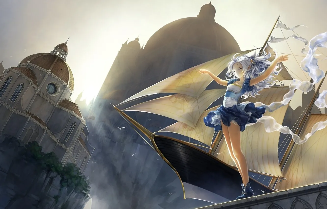 Photo wallpaper girl, the city, bird, ship, height, in the sky