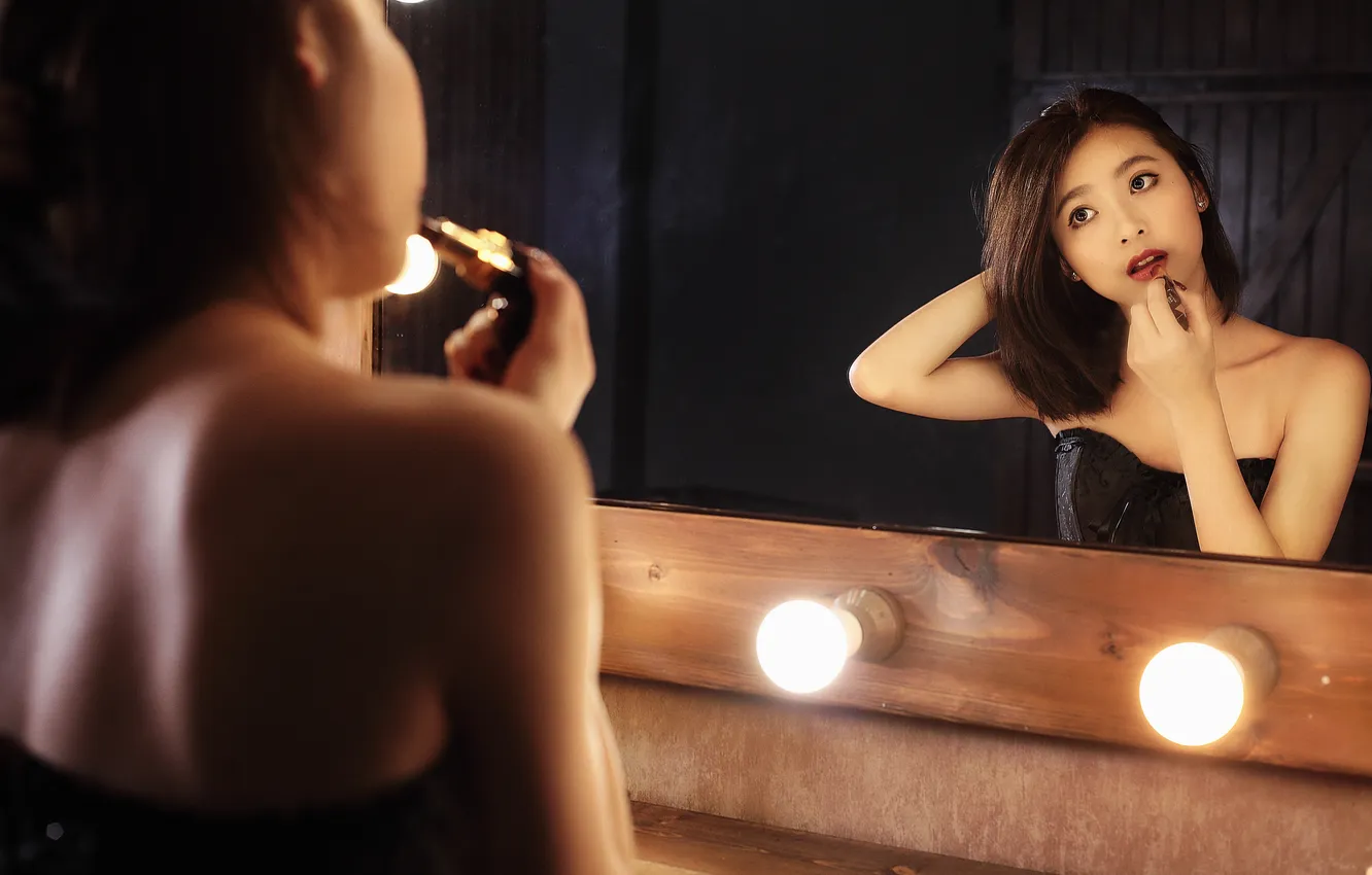 Photo wallpaper girl, light, face, reflection, hair, mirror, lipstick, lips