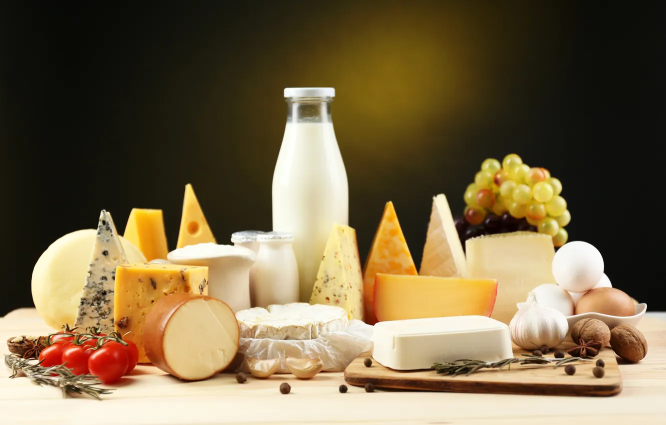 Photo wallpaper eggs, cheese, milk, grapes, nuts, tomatoes