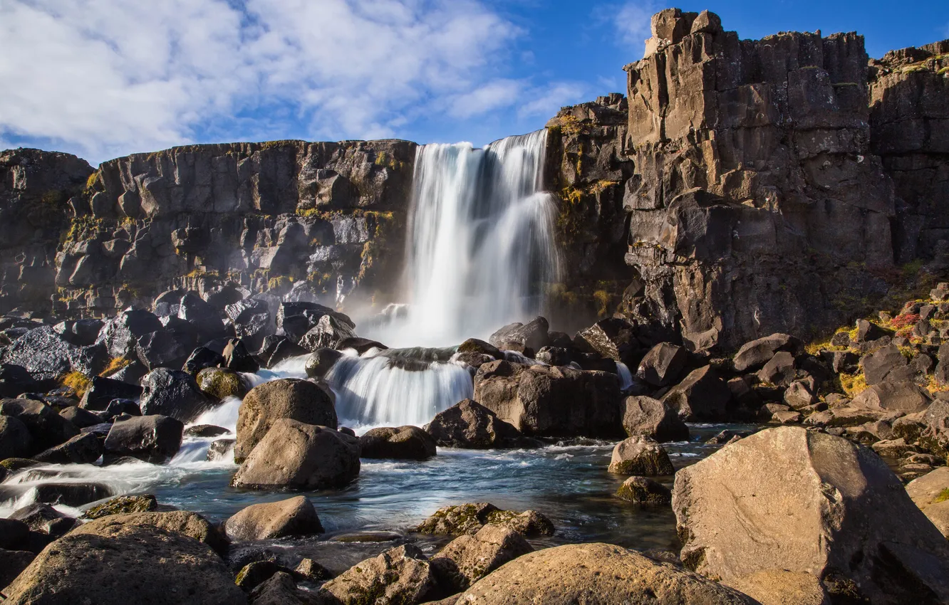 Photo wallpaper the sky, clouds, stones, open, rocks, waterfall, stream