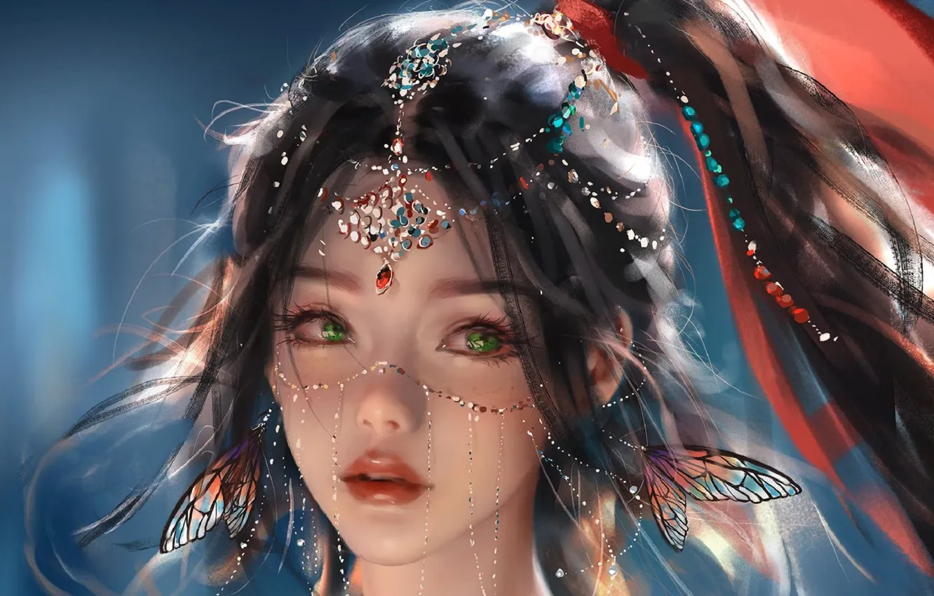 Photo wallpaper Princess, green eyes, red ribbon, hair ornaments, Ghost Blade, Ghost Blade, the girl's face, by …