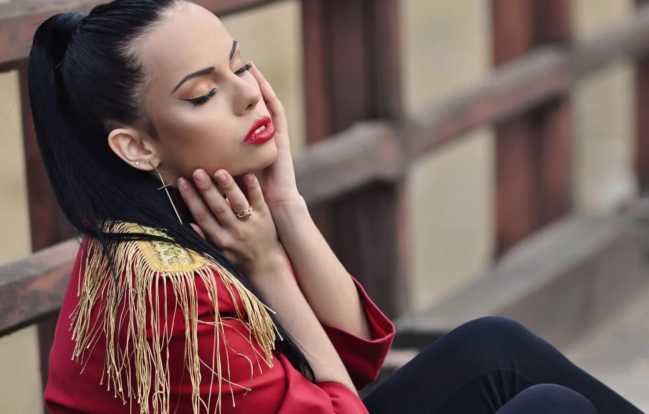 Photo wallpaper face, pose, style, model, hands, makeup, epaulettes, Elizabeth Lifanova