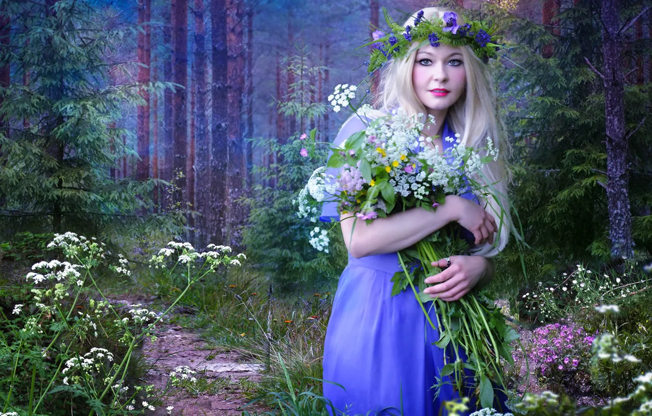 Photo wallpaper forest, girl, flowers, spring, photoart