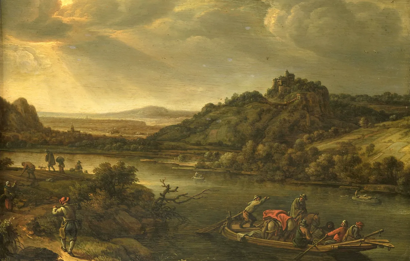 Photo wallpaper landscape, oil, picture, Herman Saftleven, 1655, Herman Saftleven, River view with Ferry