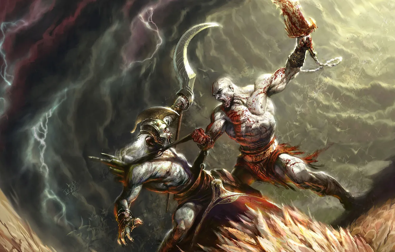 Photo wallpaper blood, monster, battle, the battle, kratos, God of War