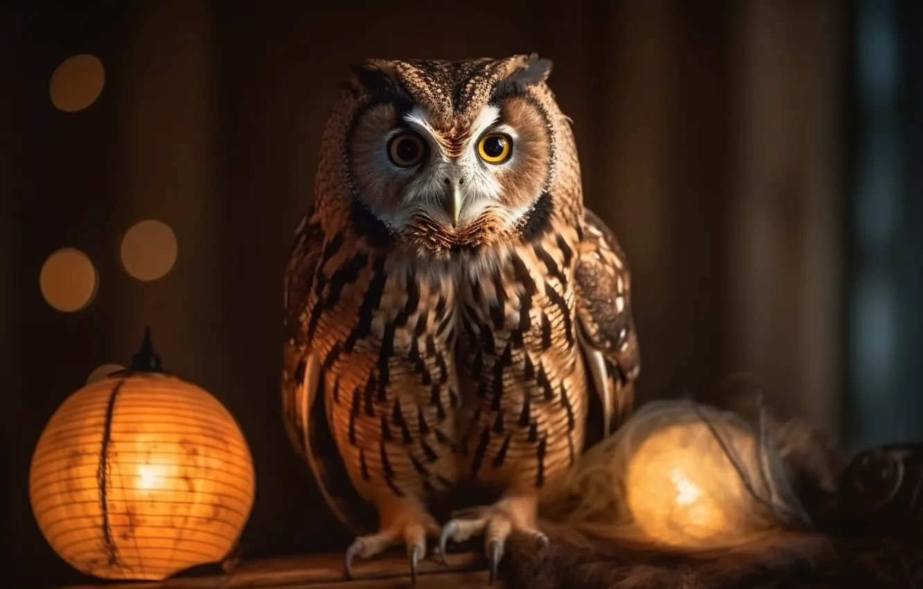 Photo wallpaper look, light, night, nature, the dark background, owl, bird, lamp