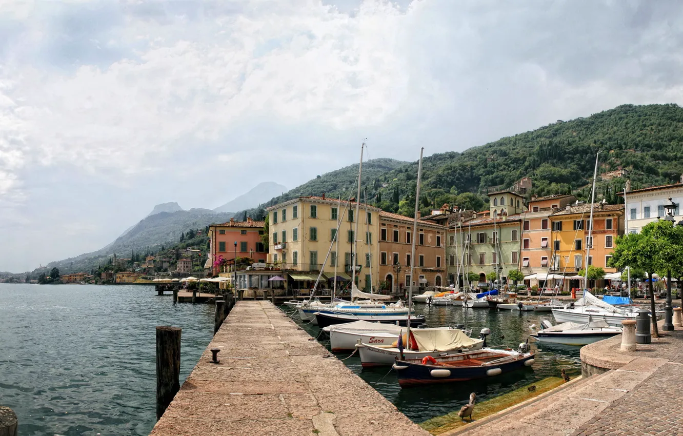 Photo wallpaper the city, photo, coast, pier, Italy, pierce, Lombardia Gargnano