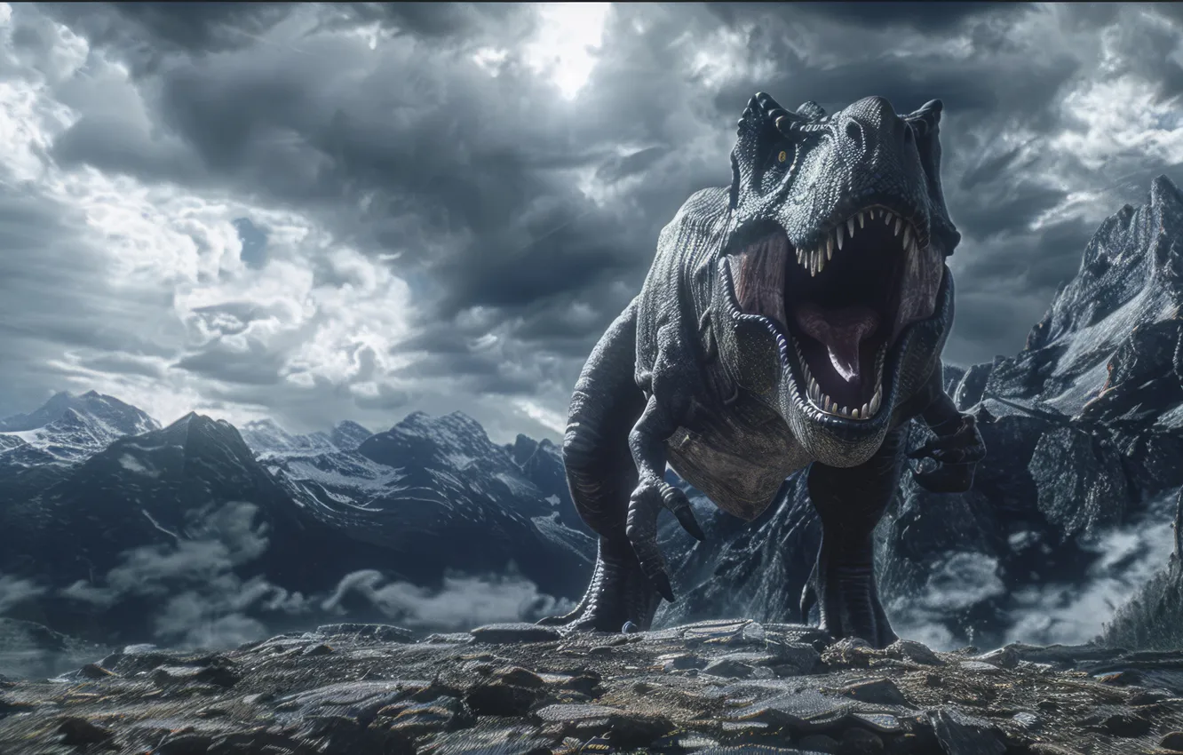 Photo wallpaper face, clouds, mountains, animal, dinosaur, predator, teeth, mouth