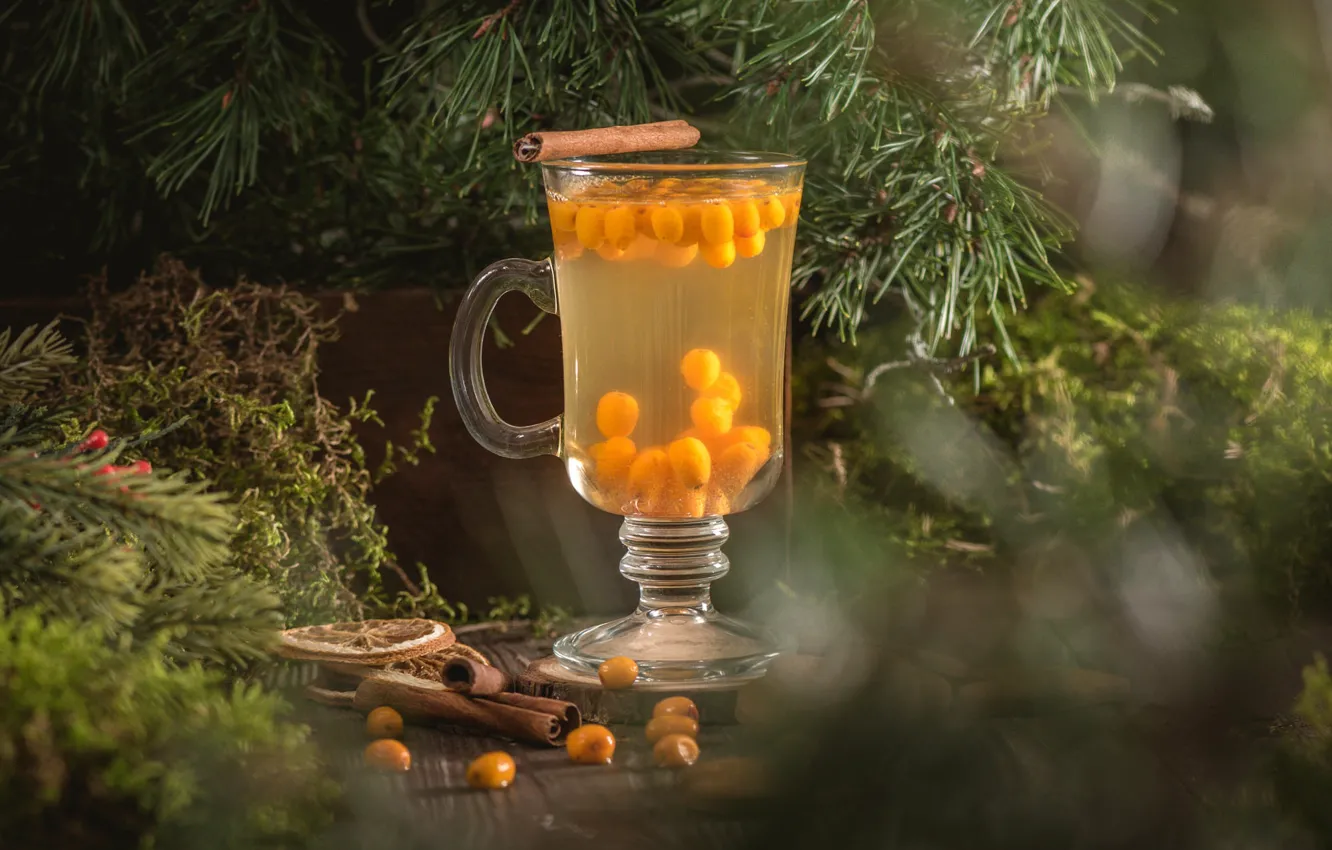 Photo wallpaper glass, branches, yellow, berries, table, lemon, glass, new year