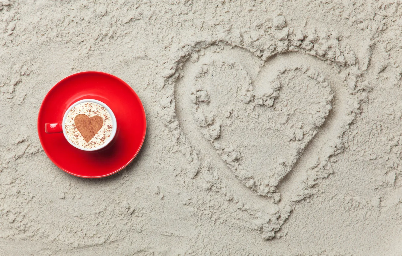 Photo wallpaper sand, love, heart, love, heart, romantic, sand, coffee cup