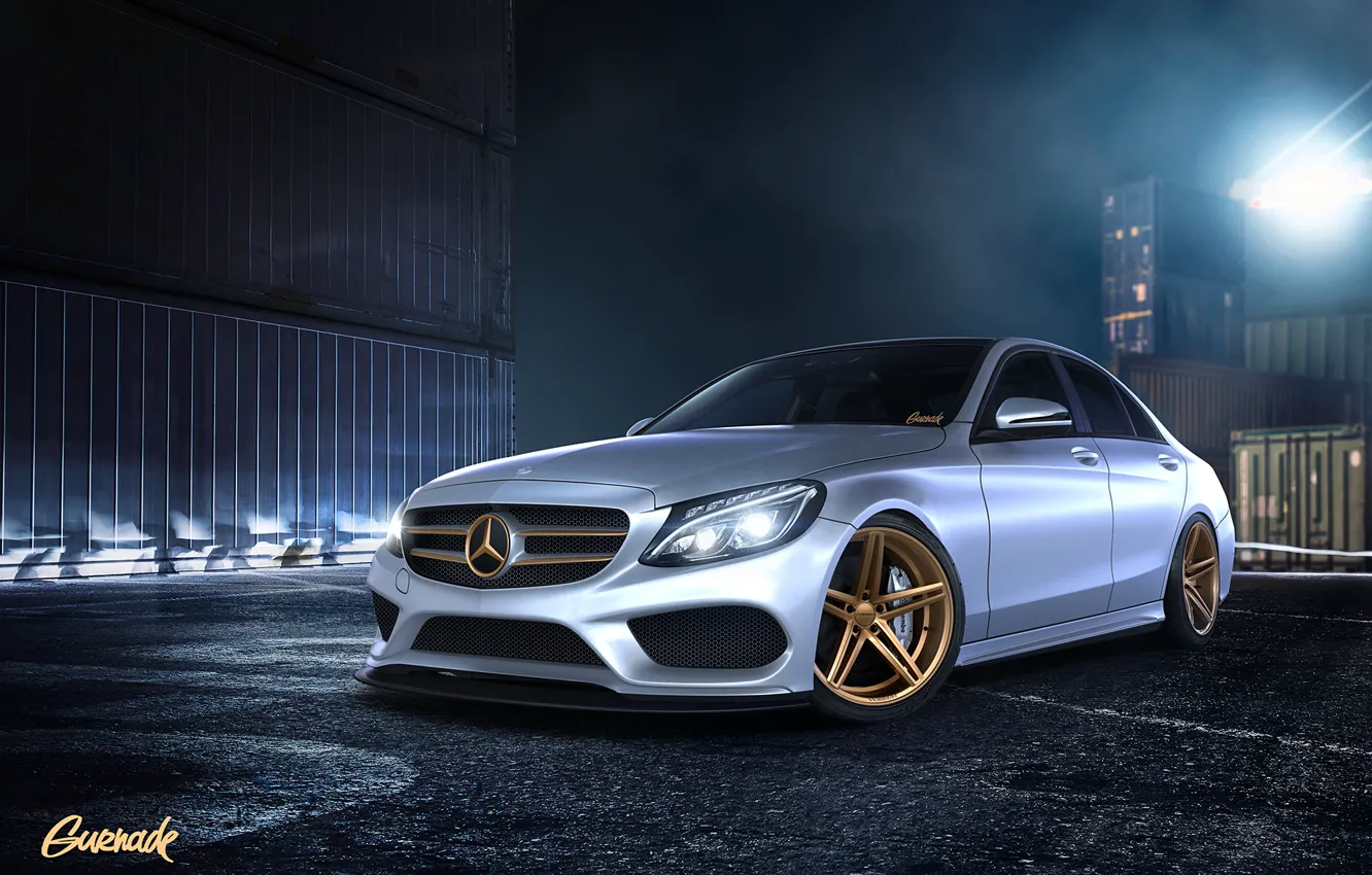 Photo wallpaper night, Mercedes-Benz, front, containers, Mercedes Benz, by Gurnade, C-Class