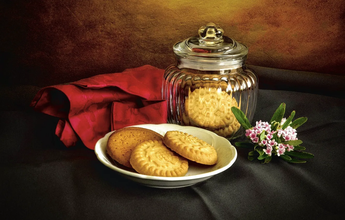 Photo wallpaper glass, flowers, table, background, towel, cookies, plate, Bank