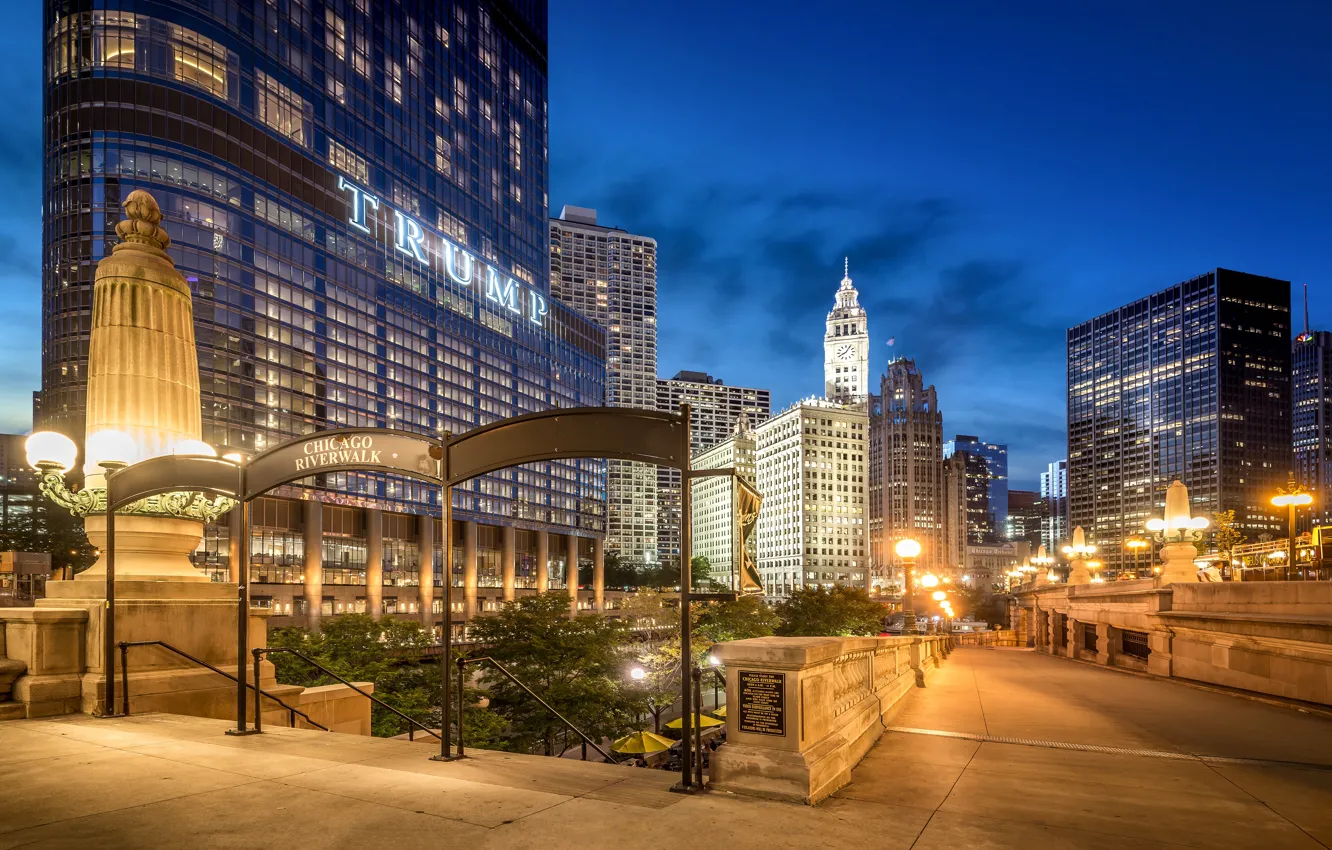 Photo wallpaper the city, building, skyscrapers, the evening, lighting, Chicago, lights, USA