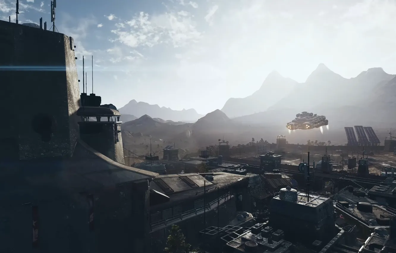 Photo wallpaper mountains, the city, ship, planet, base, the rise, Starfield