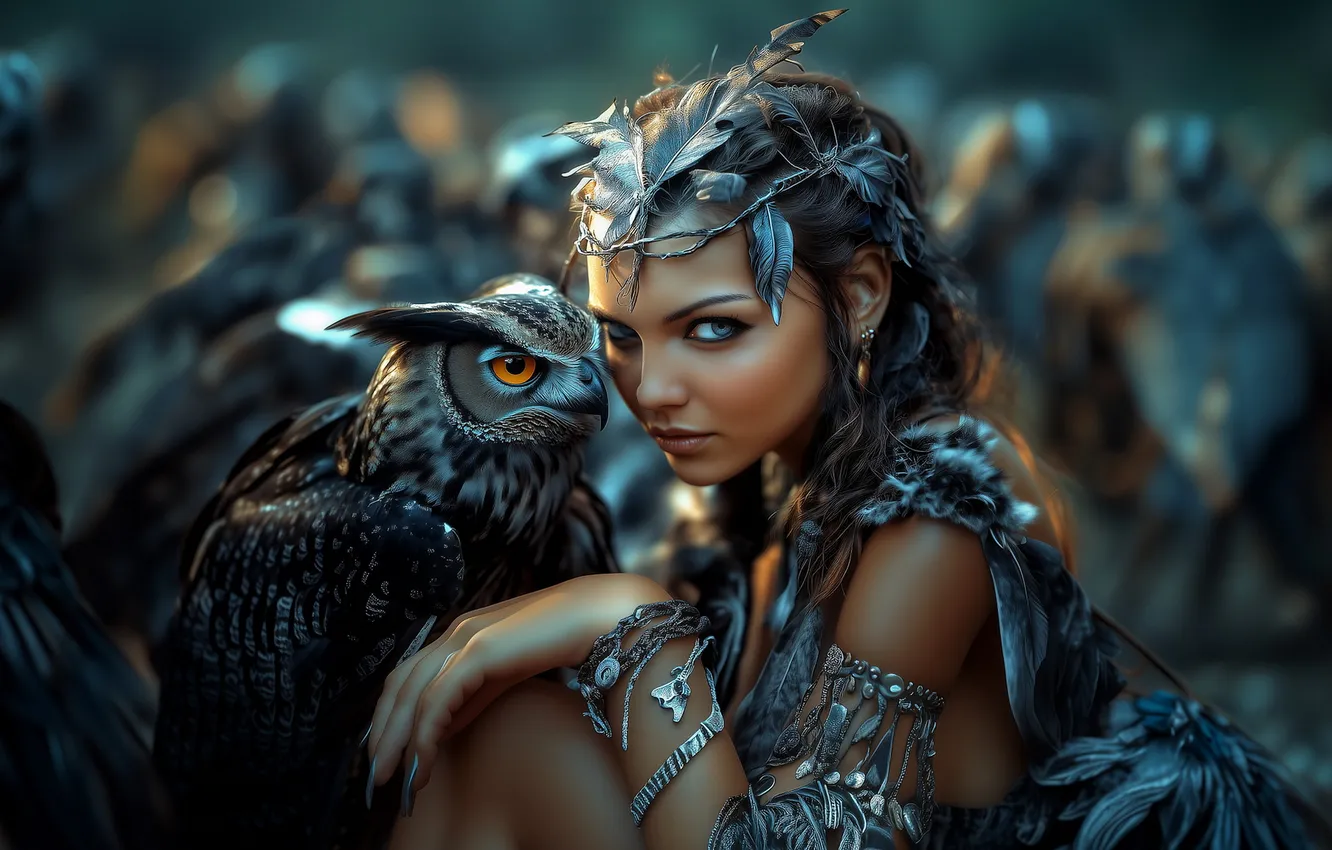 Photo wallpaper neural network, image, look, AI art, fantasy, girl, owl