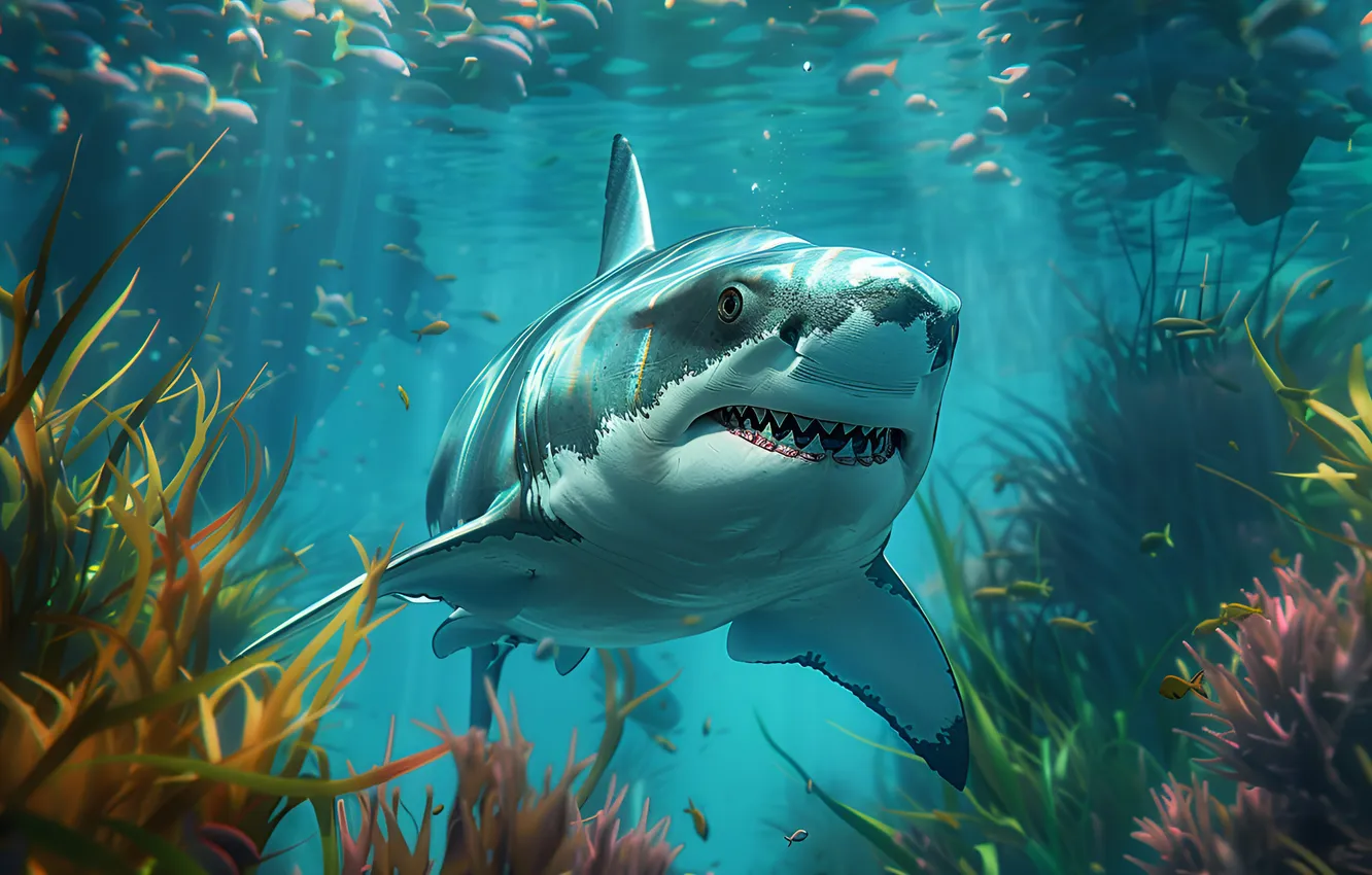 Photo wallpaper fish, predator, shark, teeth, underwater world, digital art, AI art, The Art of Artificial Intelligence