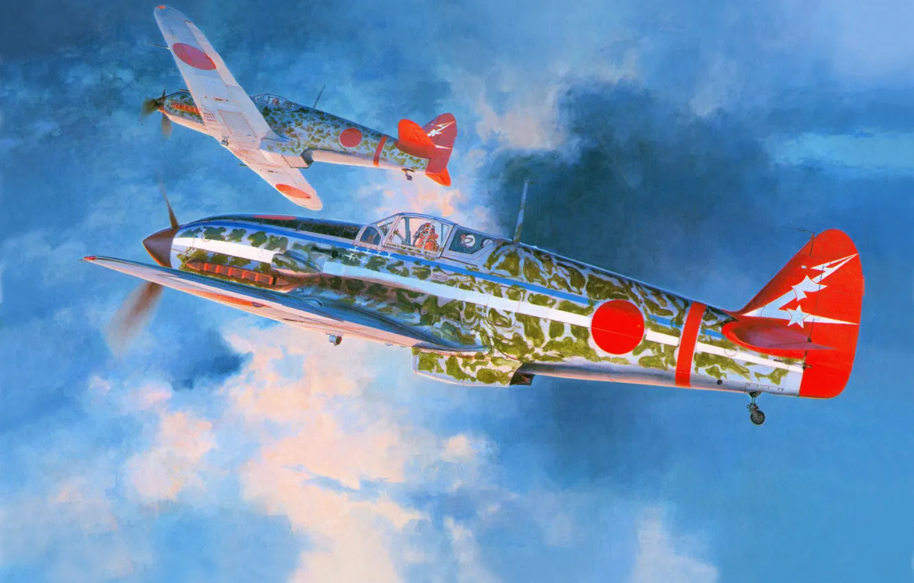 Photo wallpaper the sky, clouds, figure, art, fighters, Kawasaki, Japanese, WW2