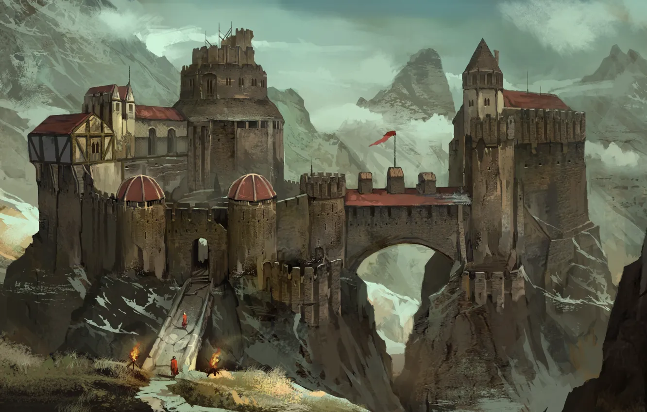 Photo wallpaper mountains, lights, castle, people, art, Fort