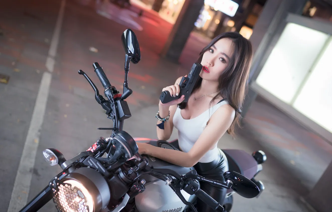 Photo wallpaper girl, gun, motorcycle, Asian