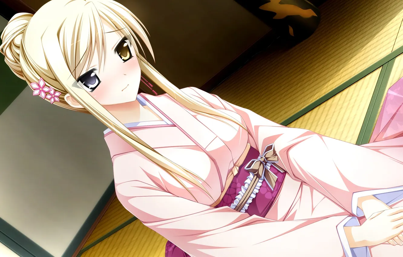 Photo wallpaper girl, pose, yukata, art, heterochromia, embarrassment, otome ga tsumu let koi no canvas, shishidou chiharu