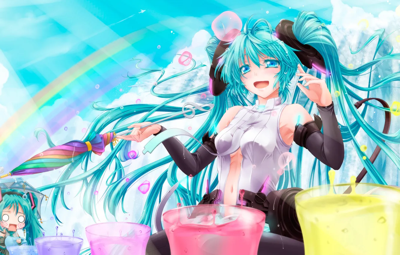 Photo wallpaper girl, joy, paint, umbrella, vocaloid, hatsune miku, Chibi, Vocaloid