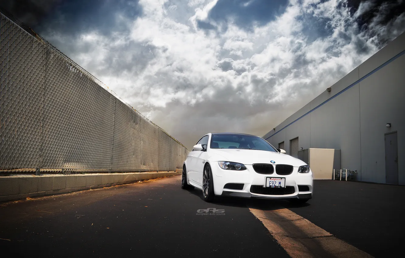 Photo wallpaper white, the sky, clouds, building, BMW, coupe, BMW, the fence