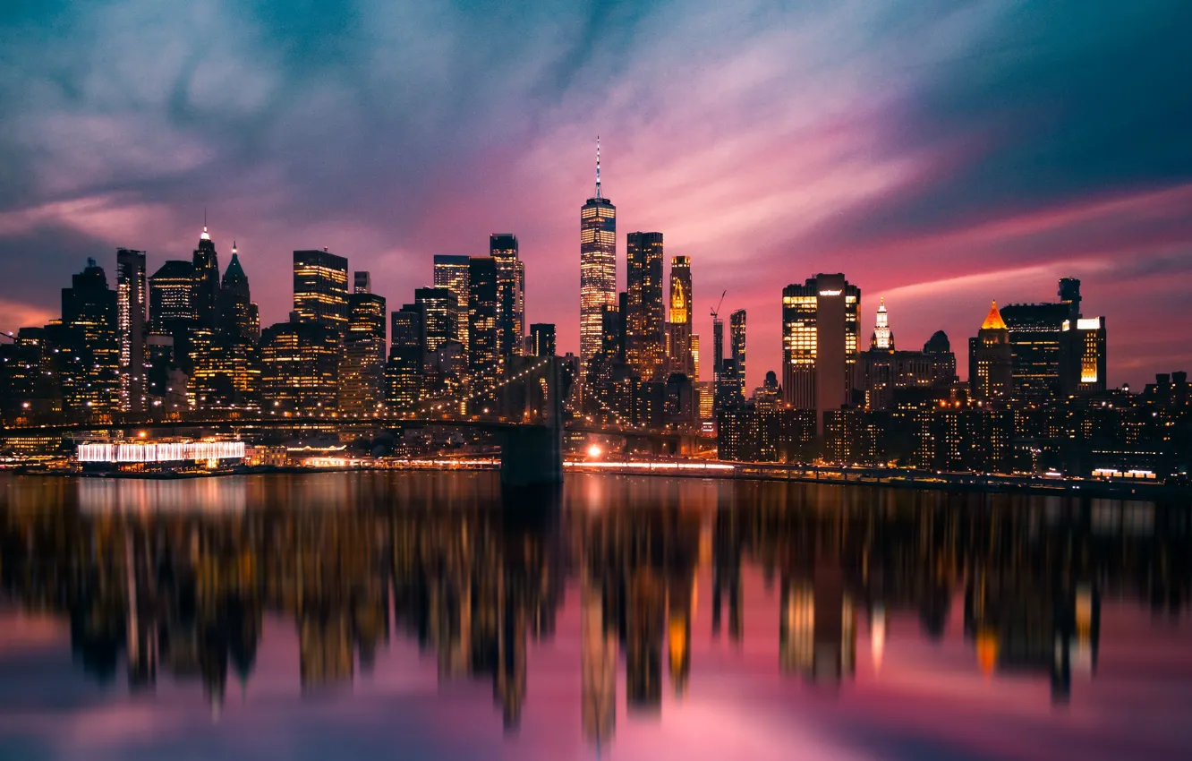 Photo wallpaper city, lights, new york, evening, buildings, bay