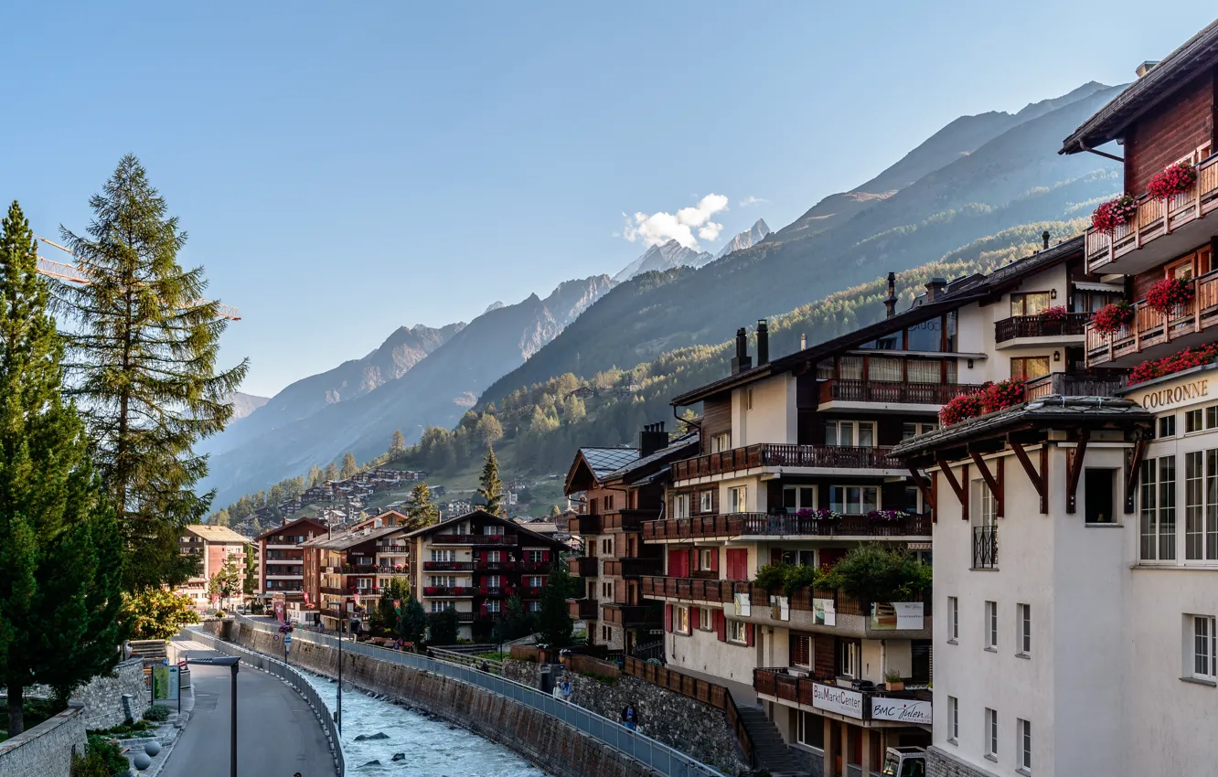 Photo wallpaper Home, Mountains, The city, River, Switzerland, Street, Zermatt