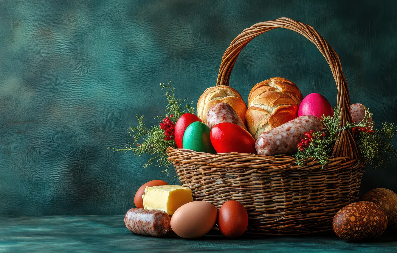 Photo wallpaper greens, sprig, table, holiday, food, eggs, spring, cheese