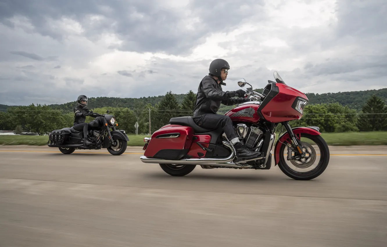 Photo wallpaper Red, Black, Helmet, Two, Men, Indian, Motorcycles, Indian Scout