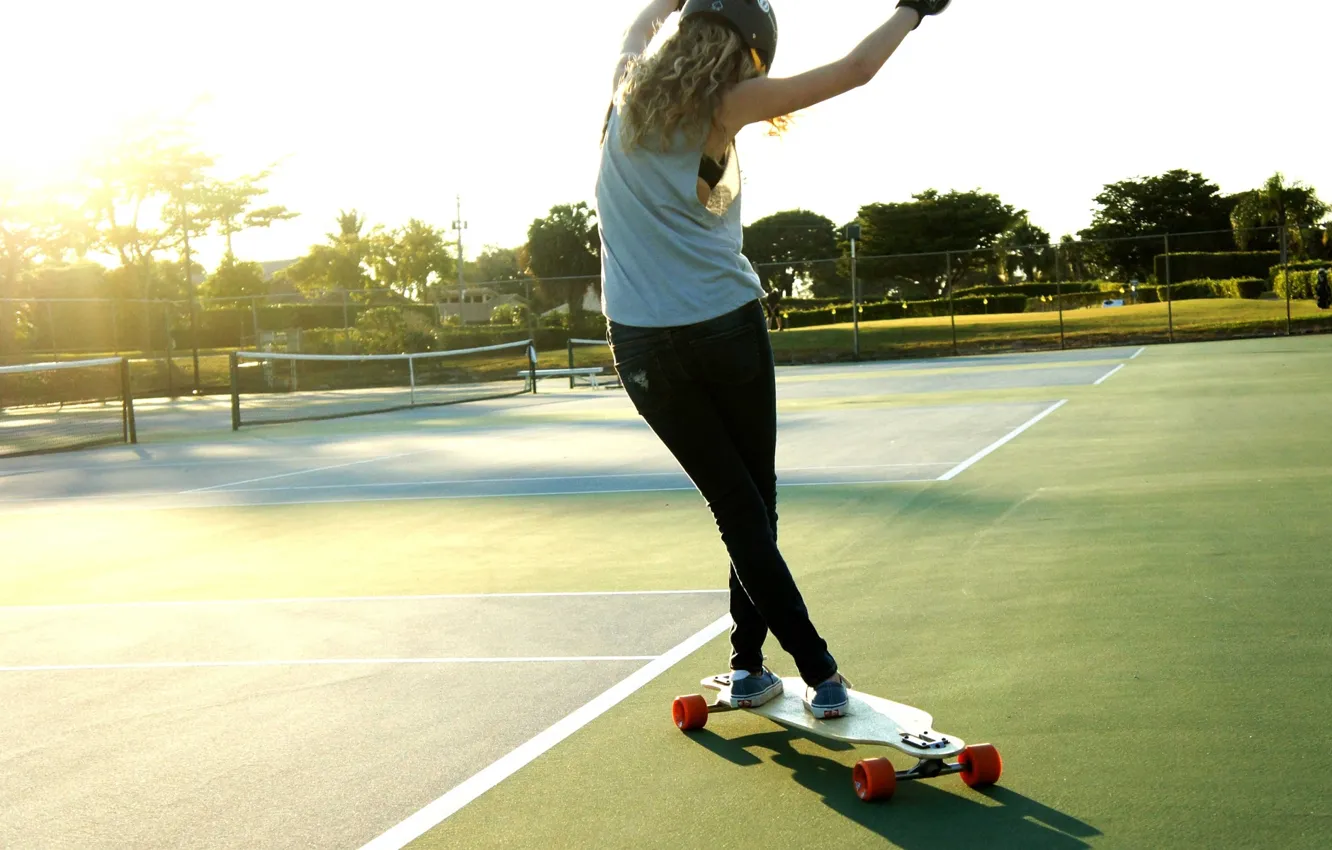 Photo wallpaper girl, photo, sport, court, longboard