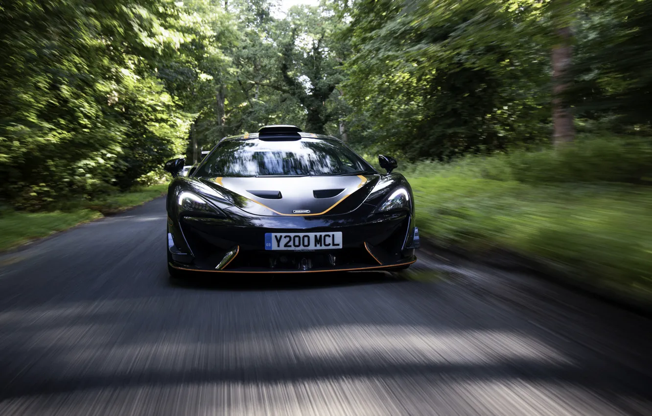 Photo wallpaper black, coupe, McLaren, in motion, 2020, V8 twin-turbo, 620R, 620 HP