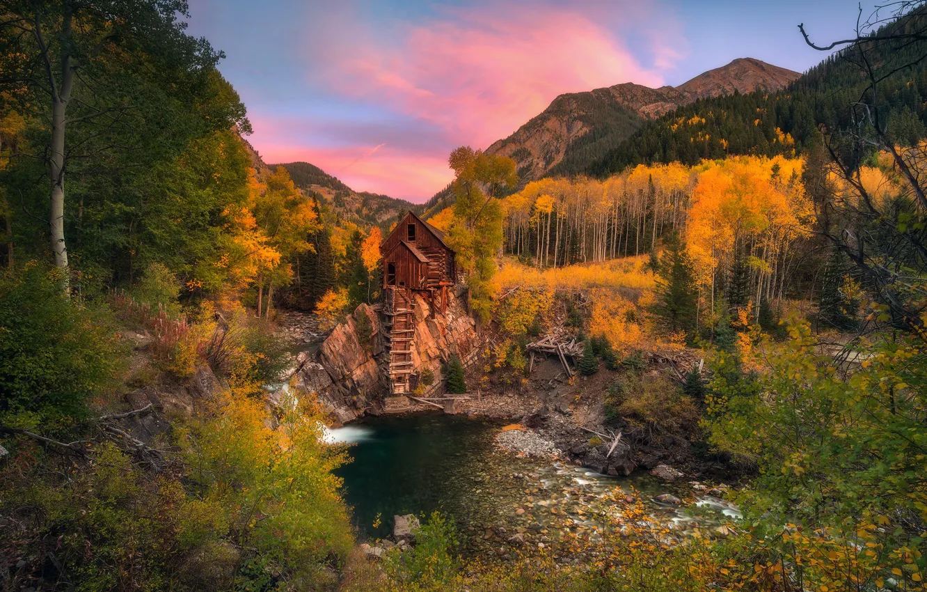 Photo wallpaper autumn, mountains, nature, mill, pond, water