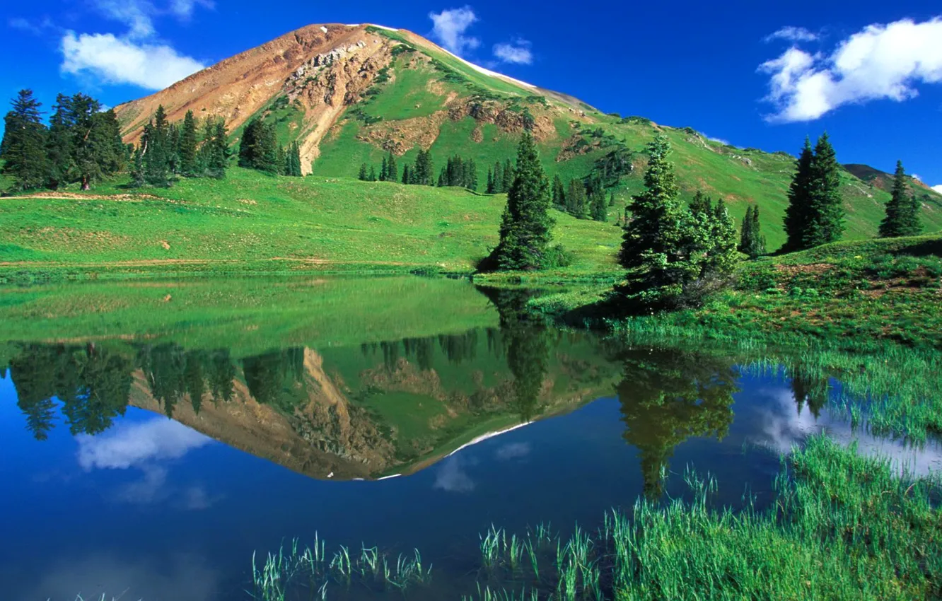 Photo wallpaper the sky, grass, clouds, trees, mountains, nature, lake, reflection