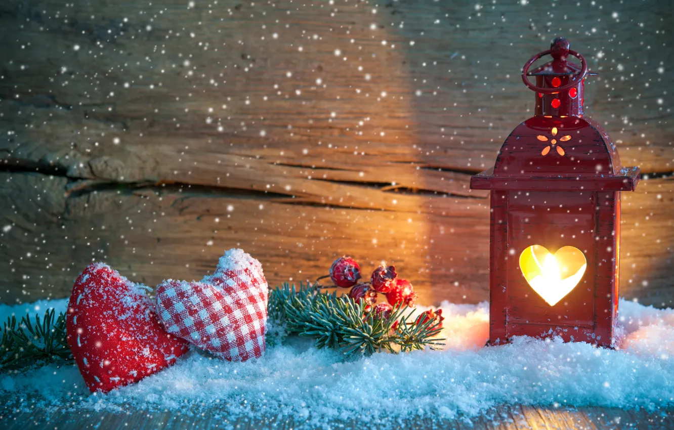 Photo wallpaper snow, decoration, branch, Christmas, lantern, hearts, New year