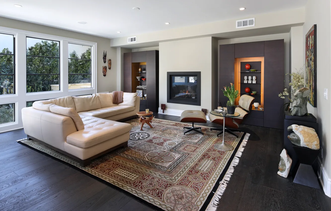 Photo wallpaper sofa, furniture, window, fireplace, living room