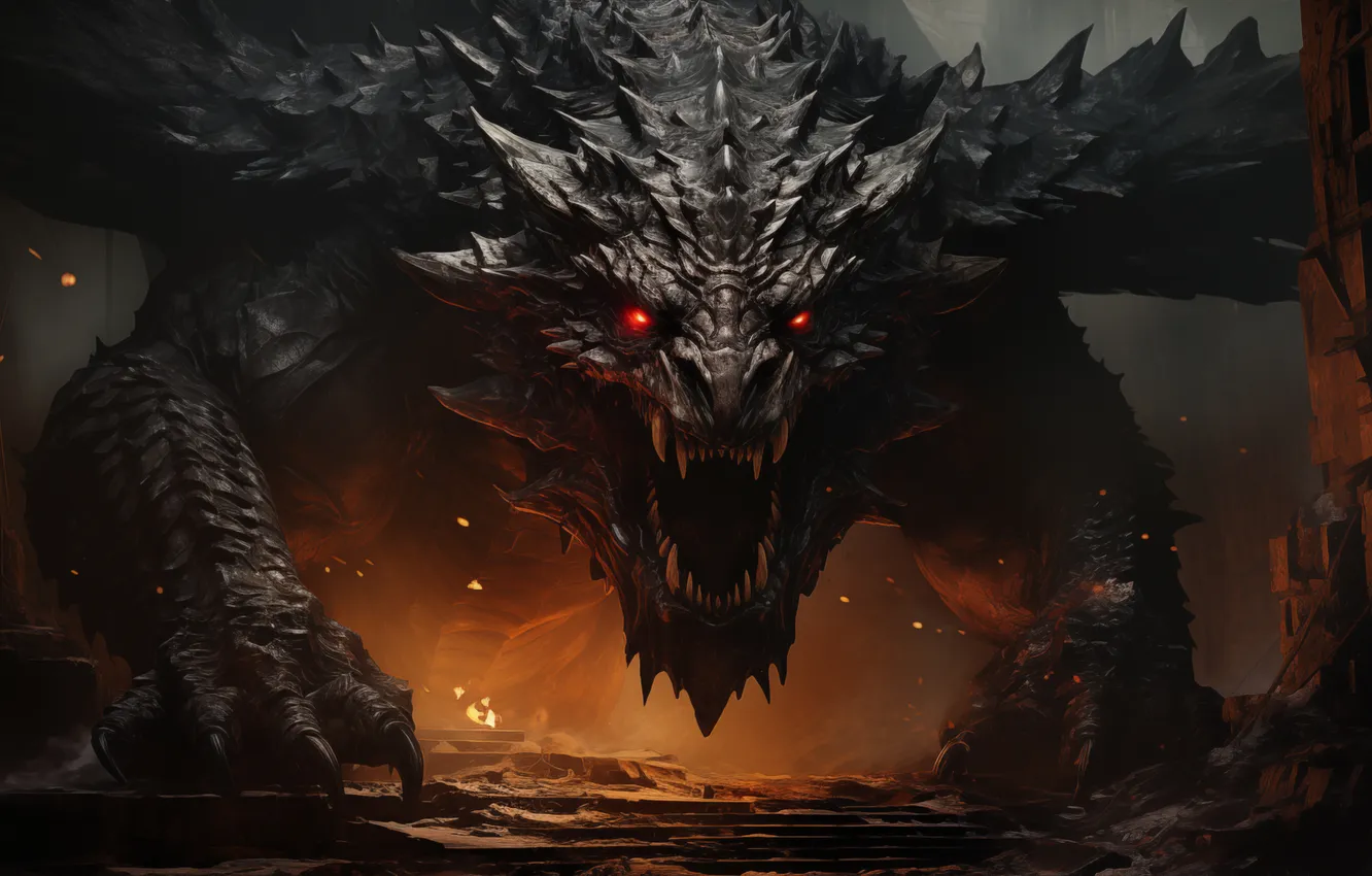 Photo wallpaper red eyes, dragon, digital art, spikes, creature, claws, open mouth, Gull