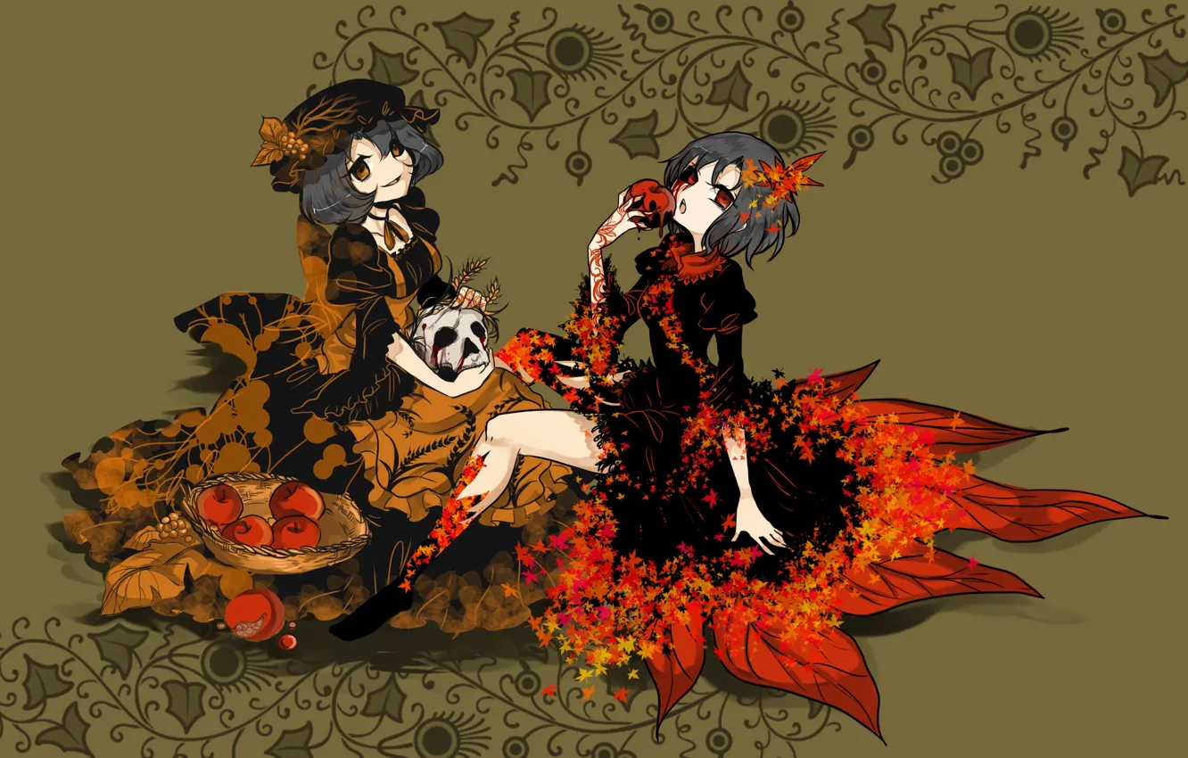 Photo wallpaper apples, skull, black dress, red eyes, sisters, Touhou Project, Project East, rotten