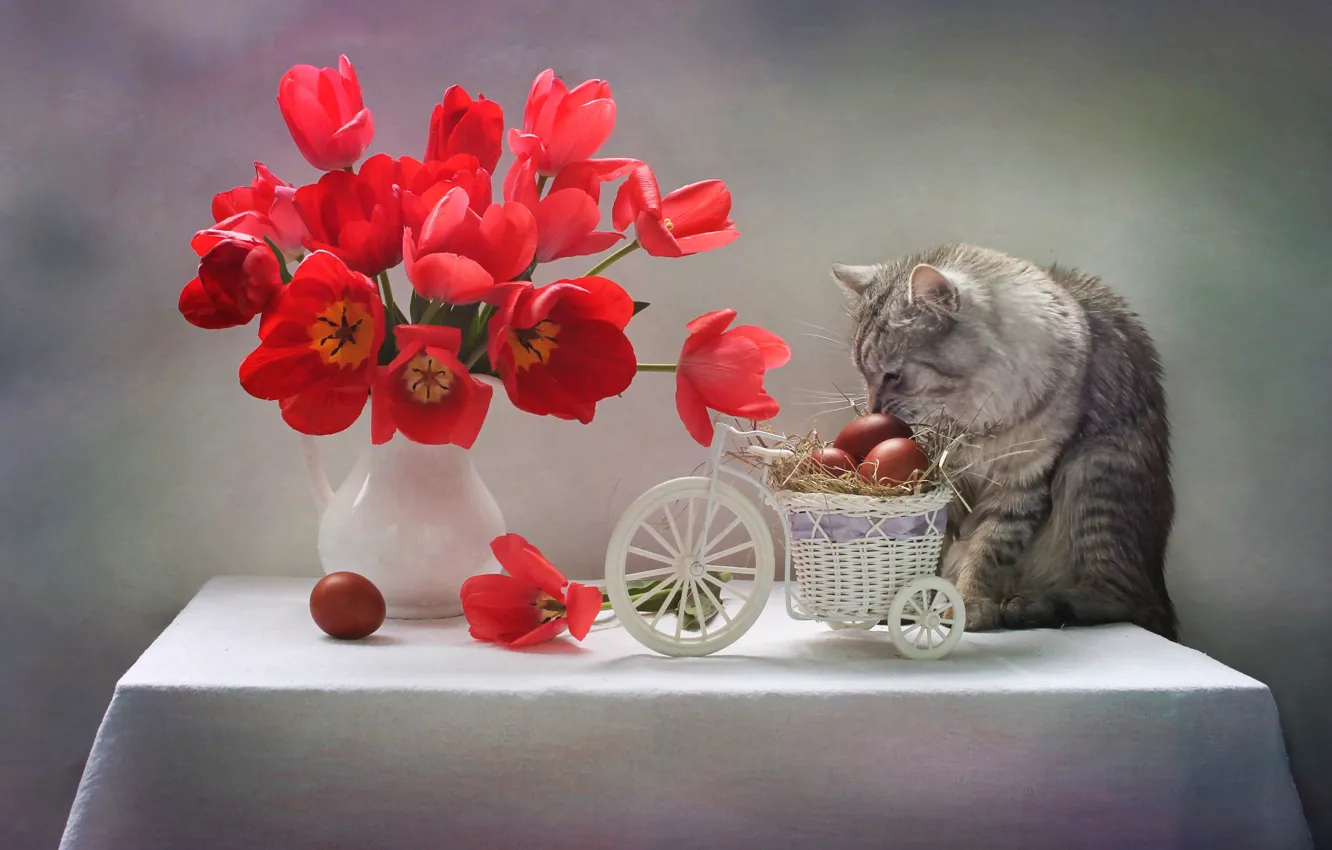 Photo wallpaper cat, flowers, table, animal, eggs, Easter, tulips, pitcher