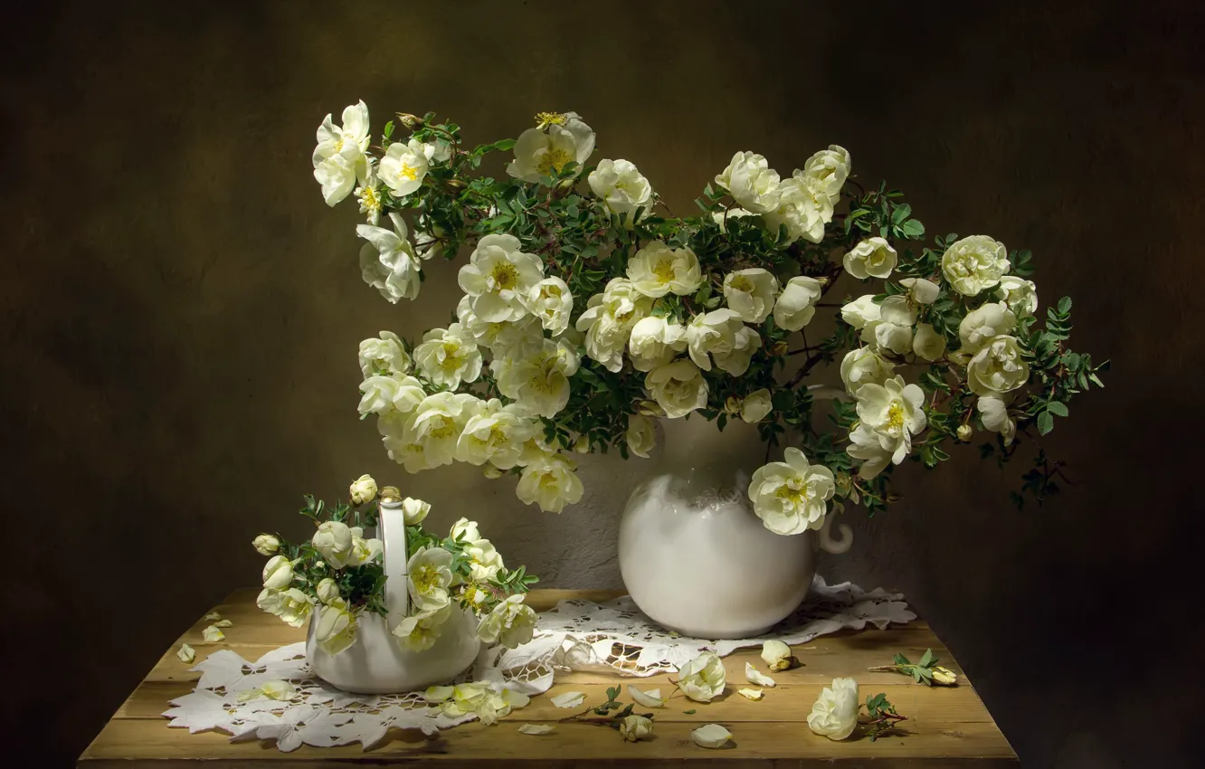 Photo wallpaper branches, briar, vase, flowers, napkin, Tatiana Fedenkova