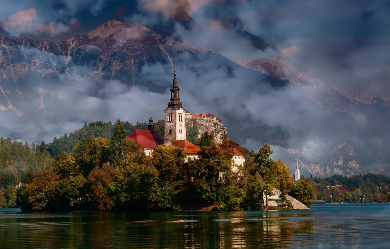 Photo wallpaper mountains, castle, Church, pond