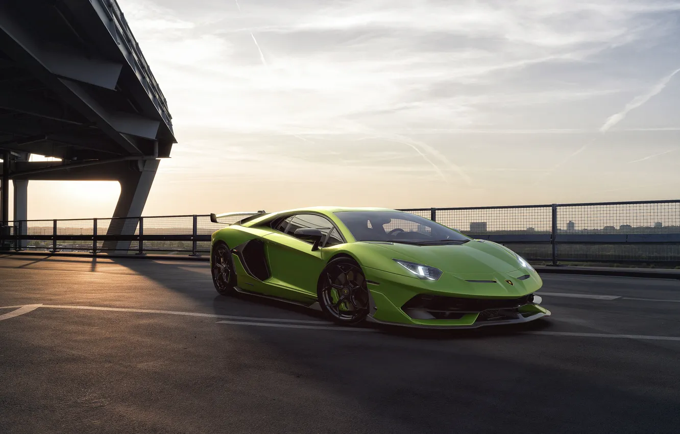 Photo wallpaper Lamborghini, Green, Machine, Sky, Green, Supercar, Aventador, Sports car