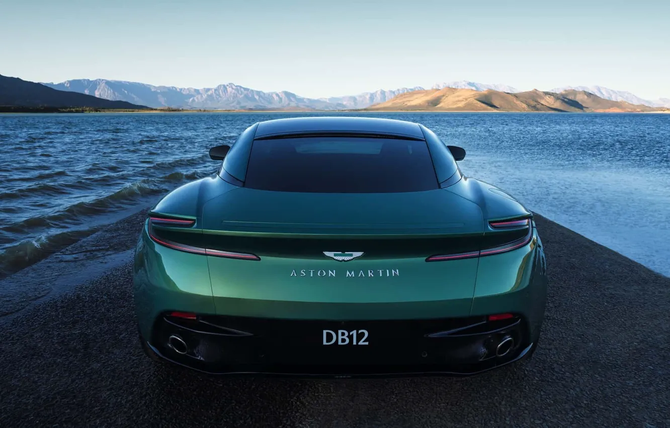 Photo wallpaper clouds, mountains, Aston Martin, rear view, sports coupe, 2023, sports coupe, Aston Martin DB12