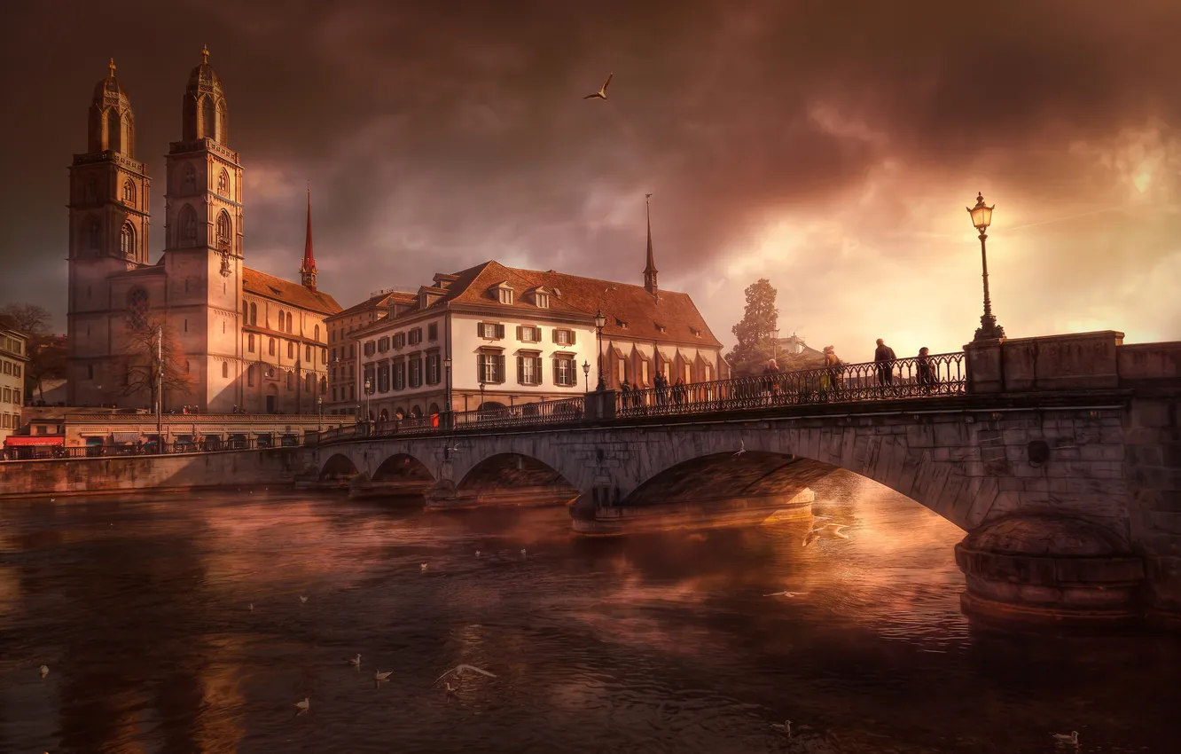 Photo wallpaper clouds, bridge, river, home, Switzerland, Church, Zurich
