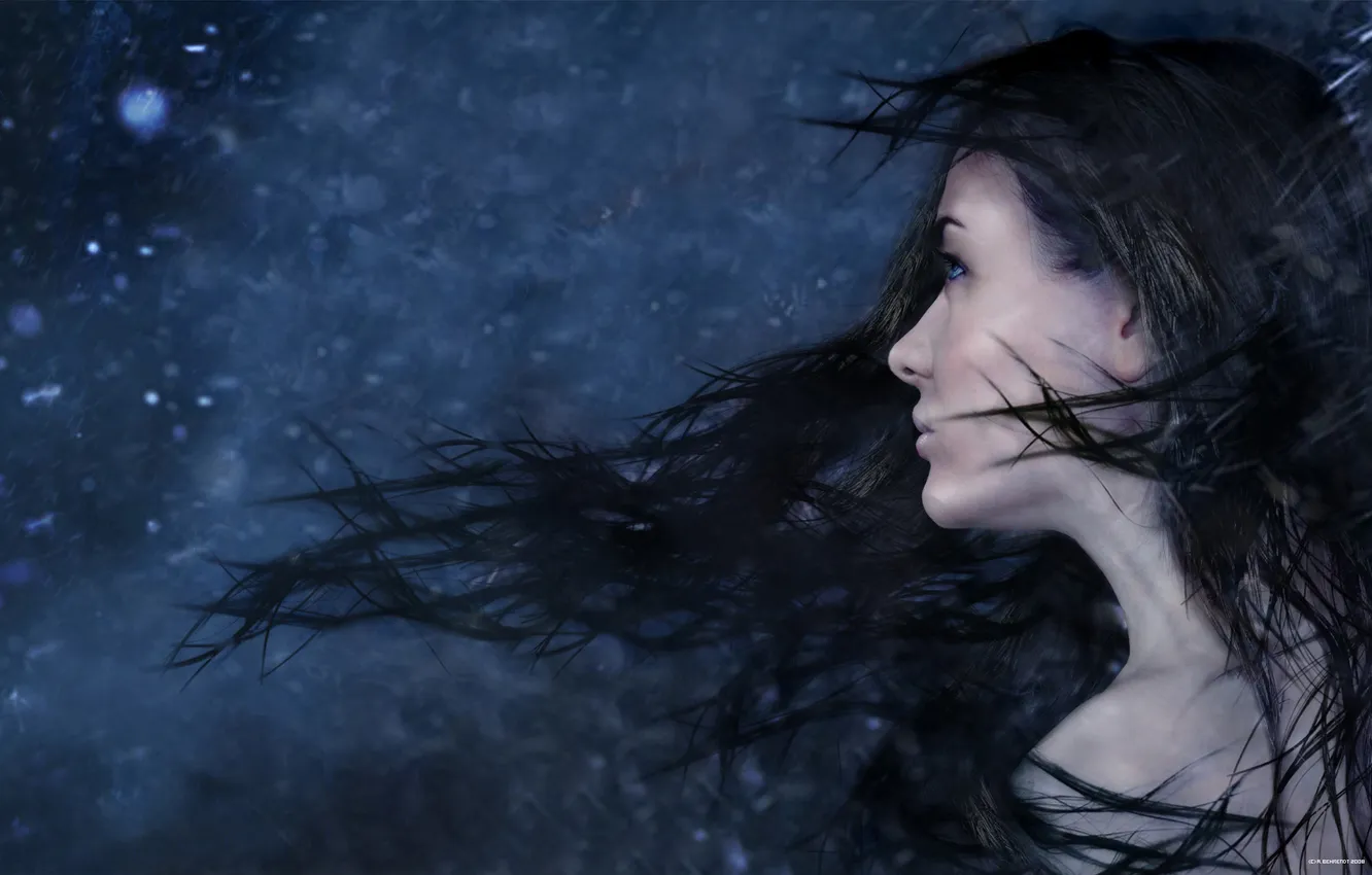 Photo wallpaper winter, look, girl, snow, face, the wind, hair, art