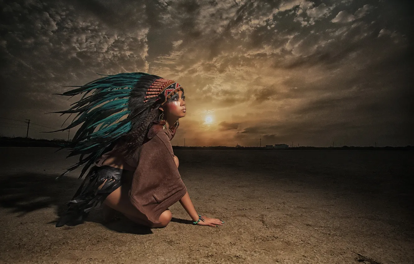 Photo wallpaper girl, face, background, feathers, paint, headdress